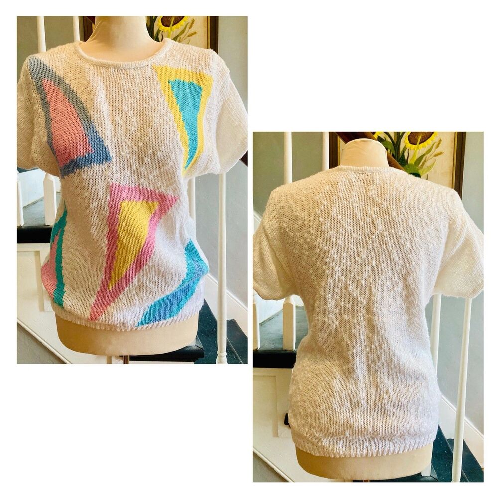 1980s Preppy Geometric Cotton Batwing Pastel Sweater New Wave Mall Valley Girl